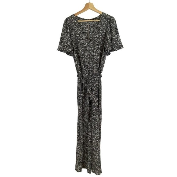 1.STATE Floral Flutter Sleeve Tie Waist Jumpsuit In Rich Black and White M - Picture 6 of 12